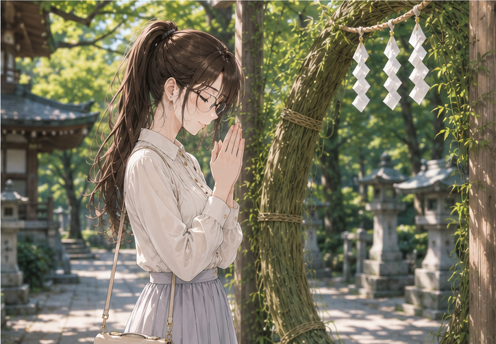 夏越の祓で神社の茅の輪の前に立つ女性のイラスト