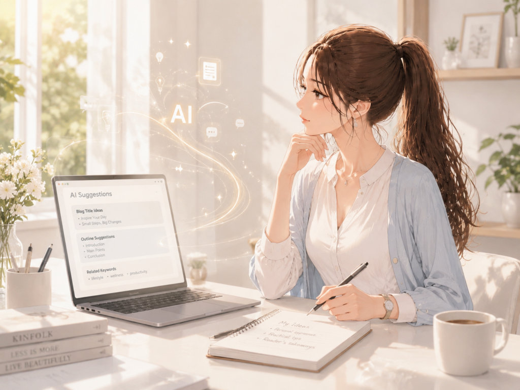 AIの提案を見ながら自分で考えてメモを取る女性のイラスト