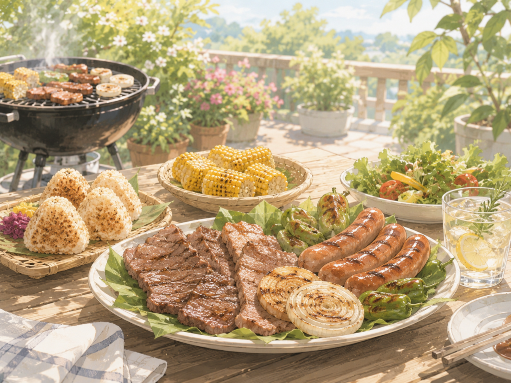 屋外のテーブルに焼きたてのお肉や野菜が並んだバーベキュー料理のイラスト