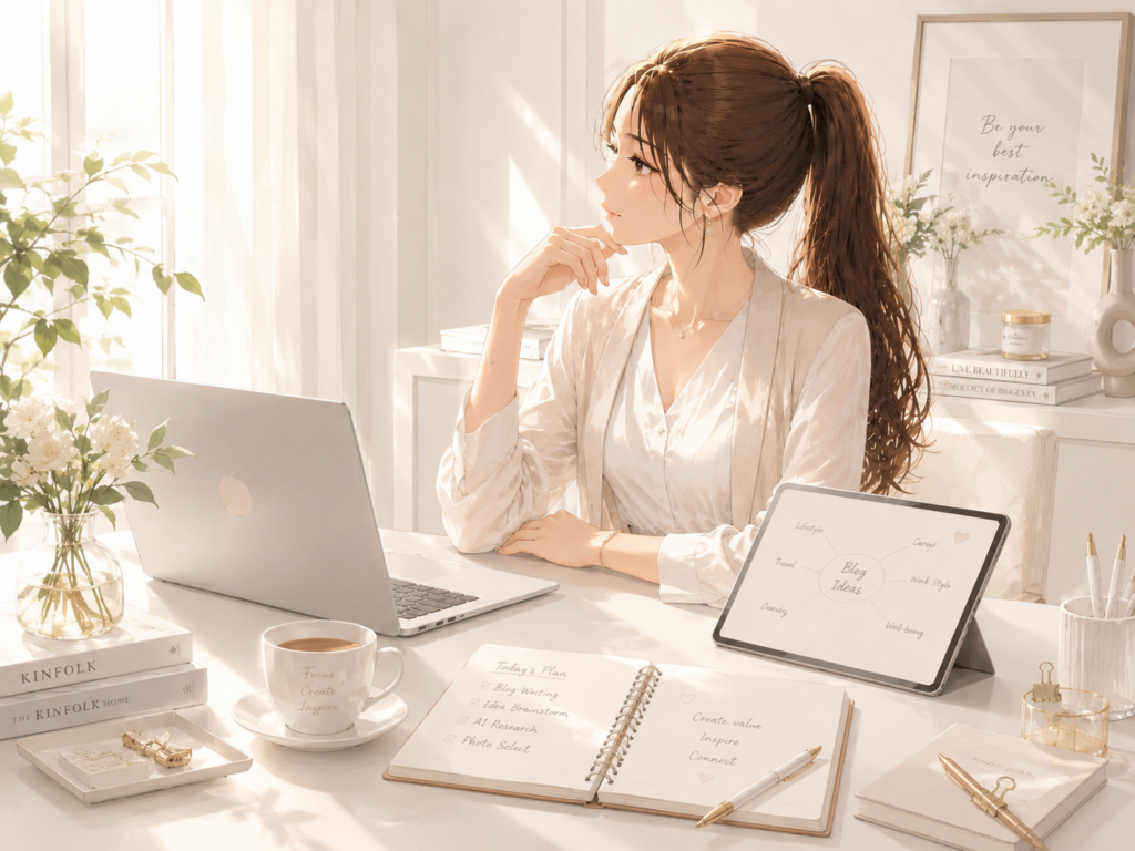 AIを活用しながらデスクで考えを整理する女性のイラスト