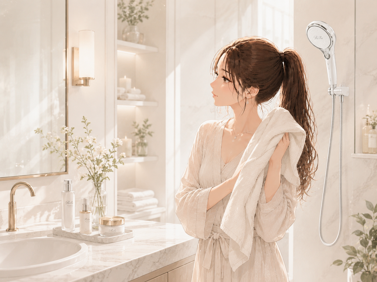 リファのシャワーヘッドを使ったバスタイム後に髪を整える女性のイラスト