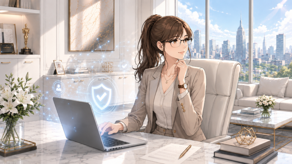 明るいオフィスでタブレットとパソコンを使い、AI情報を確認する女性のイラスト
