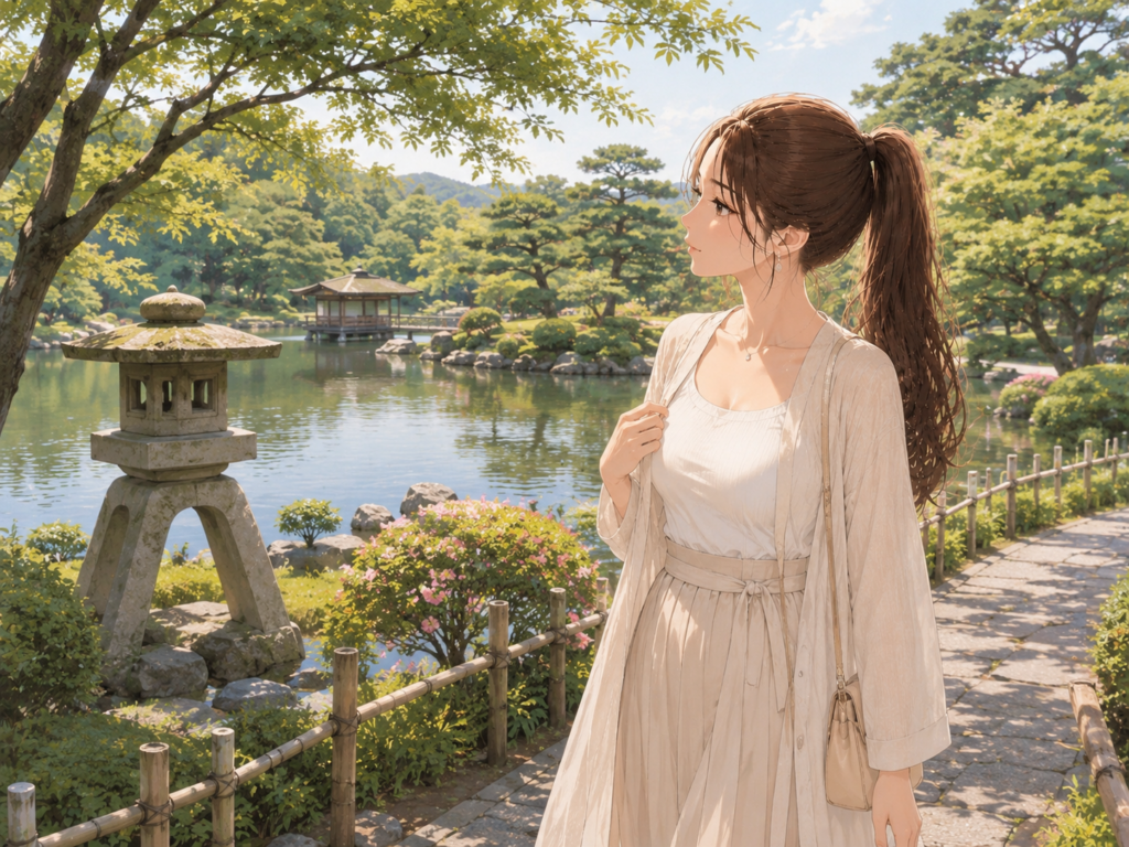 兼六園をイメージした日本庭園で女性が景色を楽しんでいるイラスト