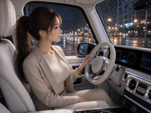 雨の夜に高級車でお出かけする女性のイラスト