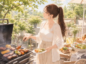 夏の屋外でバーベキューを楽しむ女性のイラスト