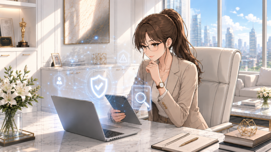 晴れた都会のオフィスで、AIの安全性について考えながらパソコン作業をする女性のイラスト
