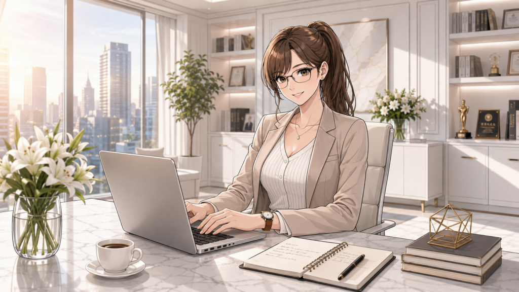 朝の明るい部屋でAIを使いながら予定を整理する女性のイラスト