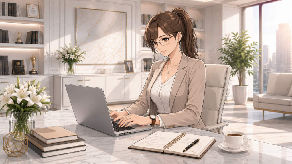 朝のデスクでAIを使いながら今日の予定を整理する女性