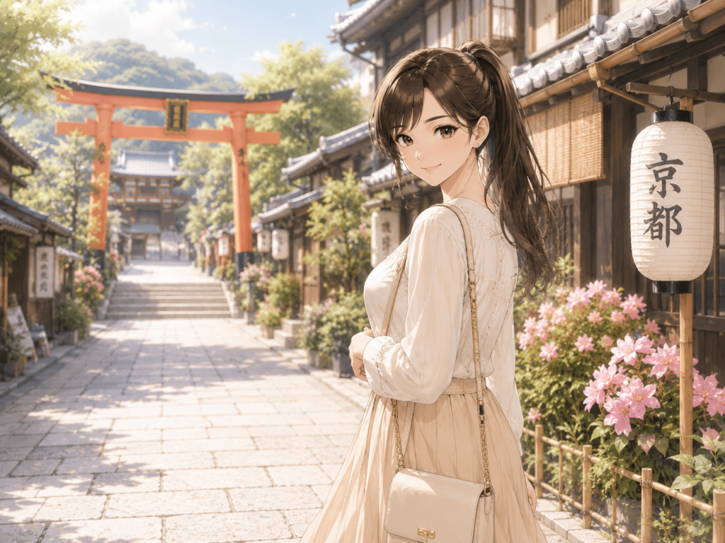 日本らしい街並みを背景に、女性が旅行を楽しんでいるイラスト