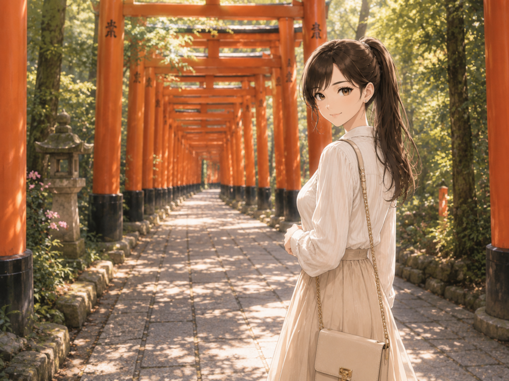 朱色の鳥居が続く参道を女性が歩いている日本旅行のイラスト