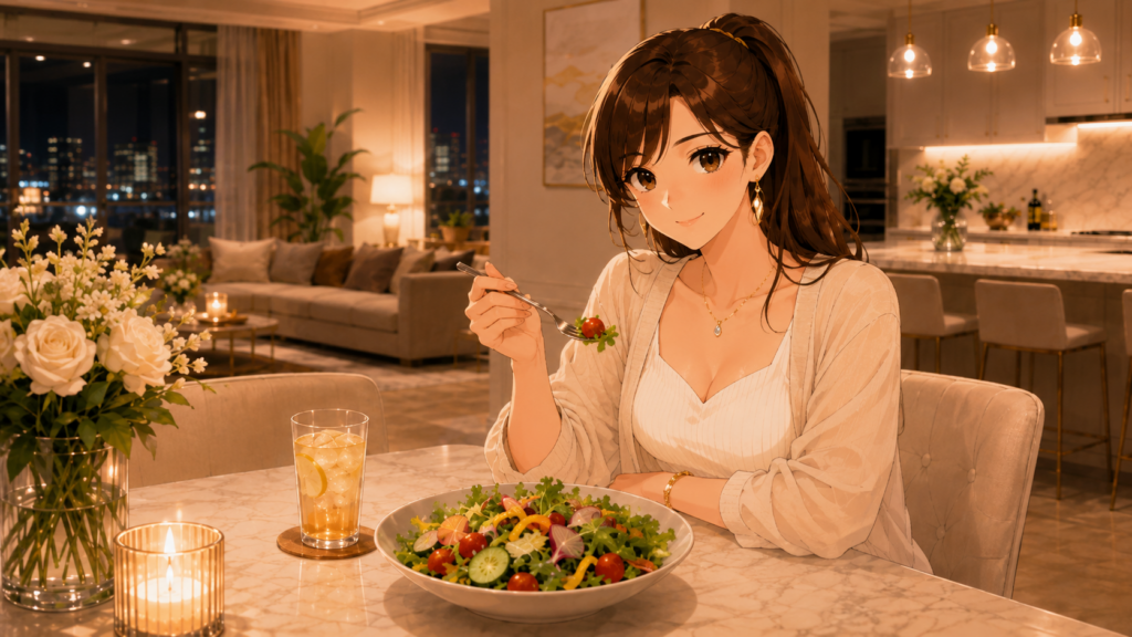 自宅で夕飯のサラダを前に落ち着いて過ごす女性のイラスト