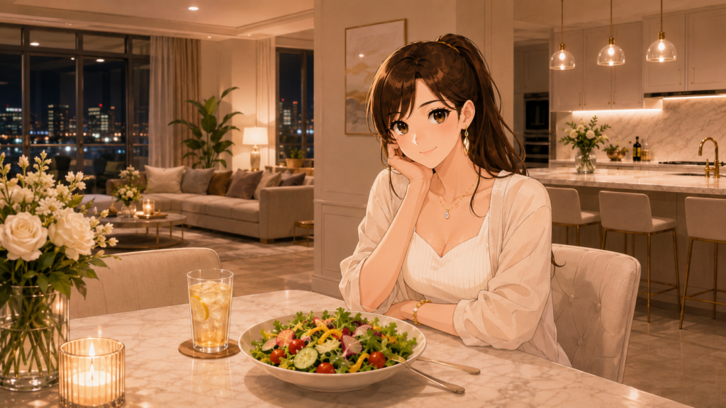自宅で夕飯のサラダを前に落ち着いて過ごす女性のイラスト