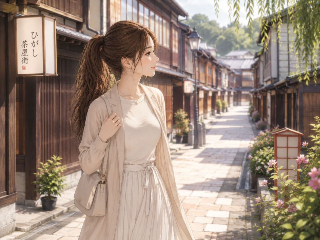 金沢のひがし茶屋街を背景に女性が旅行を楽しんでいるイラスト