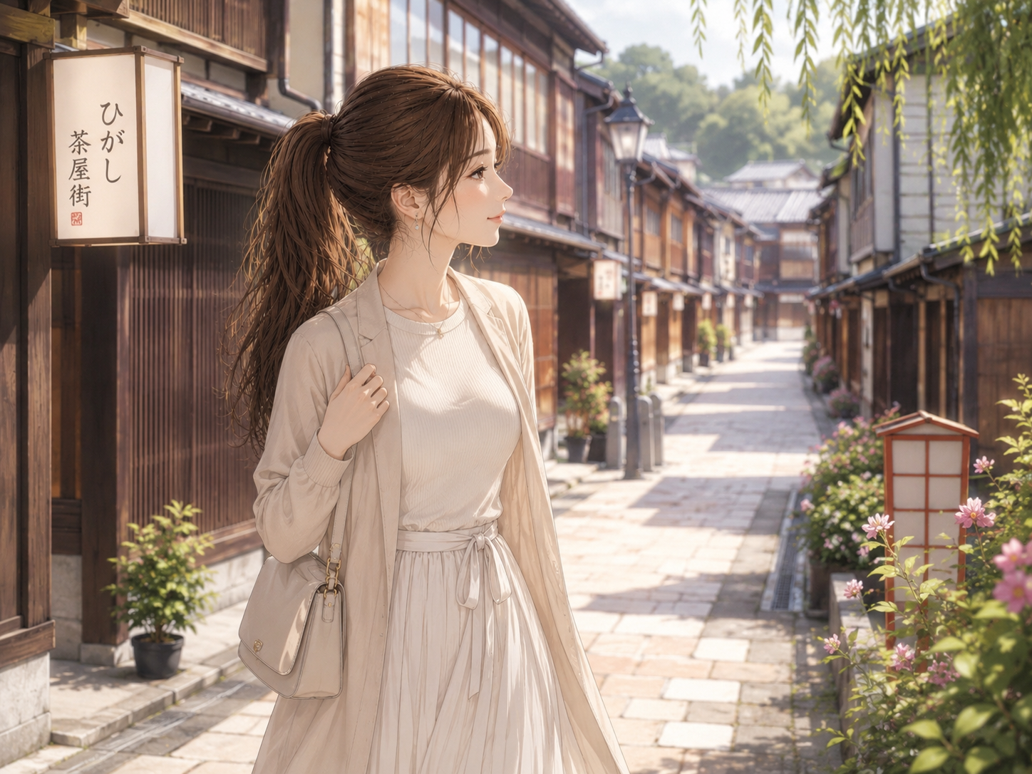 金沢のひがし茶屋街を背景に女性が旅行を楽しんでいるイラスト