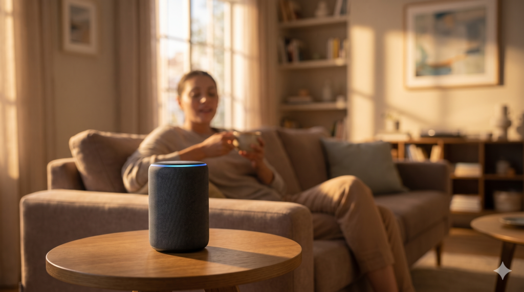 「モダンなリビングでソファに座り、スマートスピーカーに話しかけて家電を音声操作する女性」