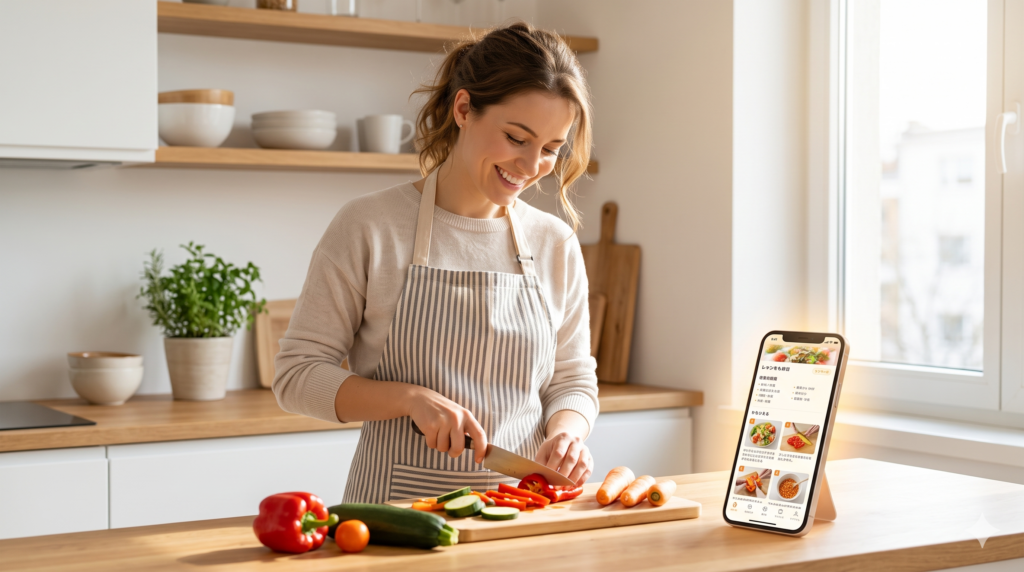 「AIによる献立提案をスマートフォンで見ながら、笑顔で野菜を料理する様子」