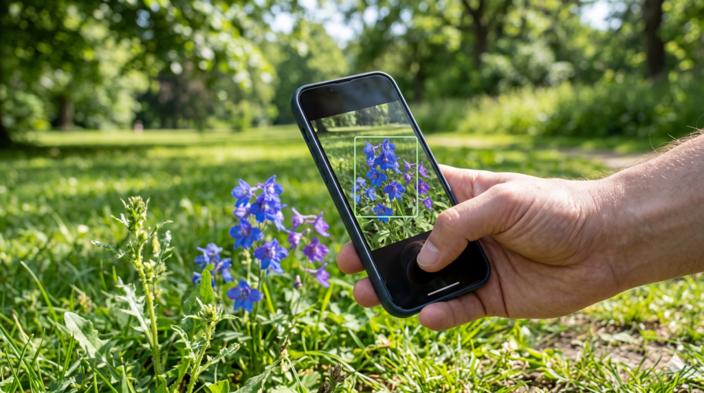 「晴れた公園で、スマートフォンのAIカメラ（Googleレンズなど）を使って道端の花をかざし、名前を認識している手元のアップ」