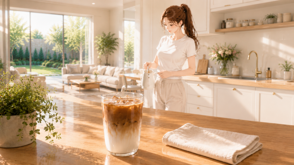 白と木目が調和した美しいキッチンカウンター。朝のカフェラテと小さなグリーン。遠くに朝の庭園。