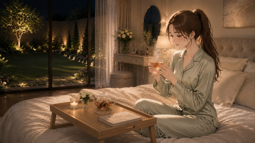 襟の詰まったセージグリーンのパジャマを穿き、金曜夜のハーブティーをベッドの上で楽しむ、華奢な日本人女性。窓の外には夜の庭園が見える。Ruriの日記。