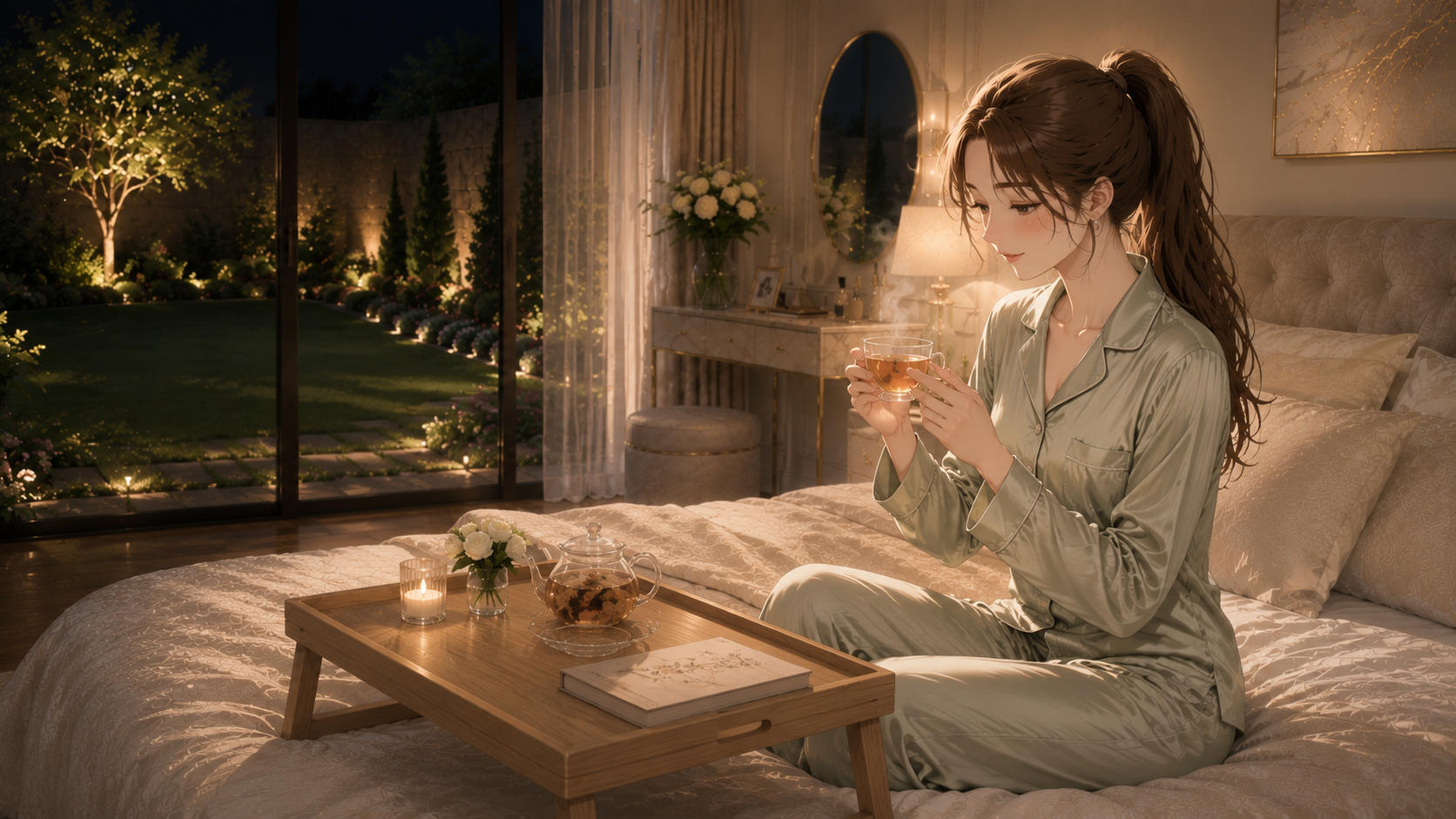 襟の詰まったセージグリーンのパジャマを穿き、金曜夜のハーブティーをベッドの上で楽しむ、華奢な日本人女性。窓の外には夜の庭園が見える。Ruriの日記。