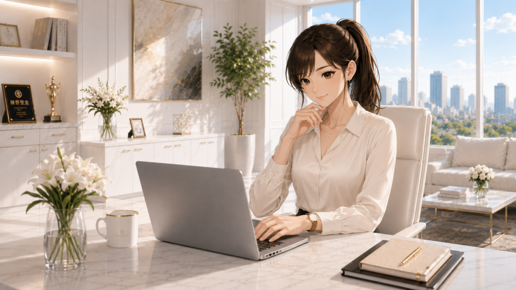 ノートパソコンでAIパートナーと思考整理をする女性