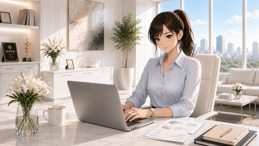 ノートパソコンでAI要約を活用して情報収集する女性