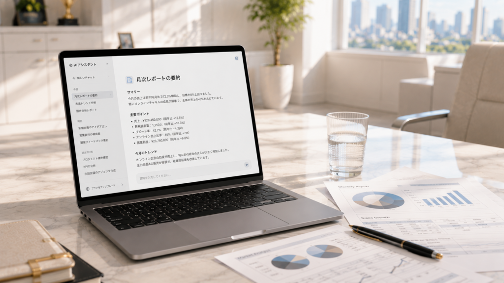 オフィスのデスクに置かれたパソコンと整理された書類
