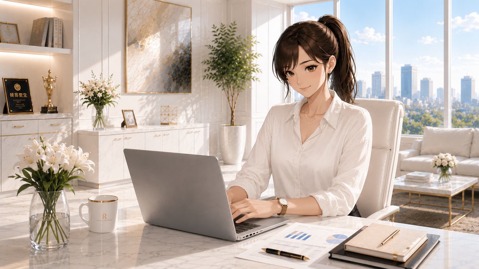 AI文字起こしデータをパソコンで確認して微笑むオフィスの女性