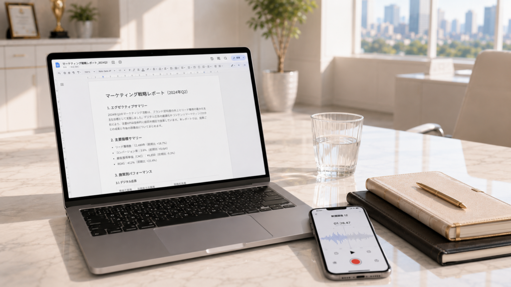 オフィスのデスクに置かれたスマートフォンとテキストが表示されたパソコン