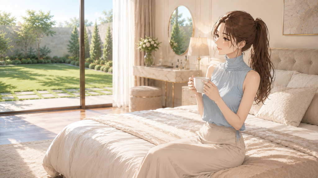 首元までしっかり覆われた上品なペールブルーのハイネックブラウスを着て、非常に華奢でスレンダーなスタイルが際立つ日本人女性が、朝の寝室のベッドでコーヒーカップを持つ様子。Ruriの日記。