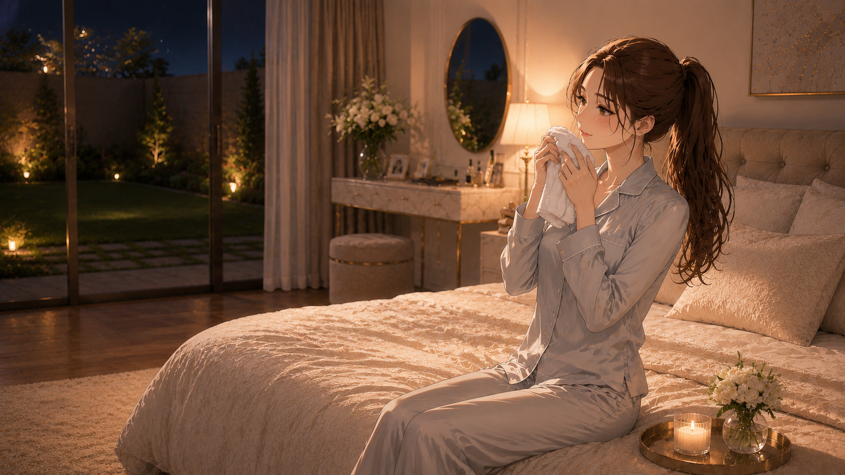 ライトグレーのパジャマを着て月曜夜のアイケアを楽しむ、非常に華奢なスタイルが際立つ日本人女性。Ruriの日記。