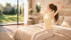 襟の詰まったペールイエローのブラウスを着て、ひまわりの日 朝の光を浴びる、非常に華奢でスレンダーな日本人女性。
