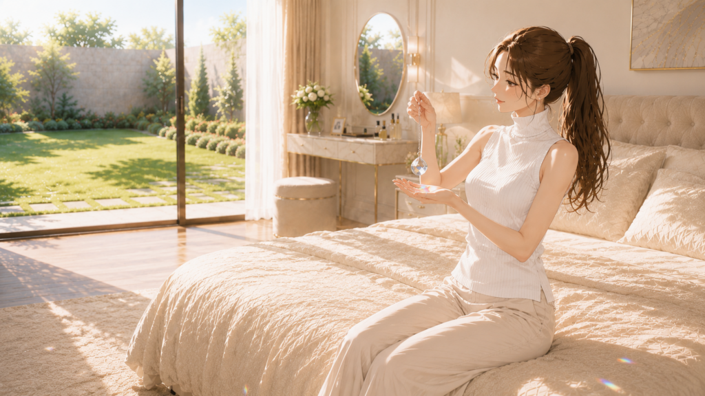 上品な白いハイネックブラウスを着て、虹の日 朝の光でサンキャッチャーを楽しむスレンダーな日本人女性。Ruriの日記。