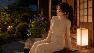 夜の縁側で、青い朝顔の鉢植えを優しく見つめて微笑む女性