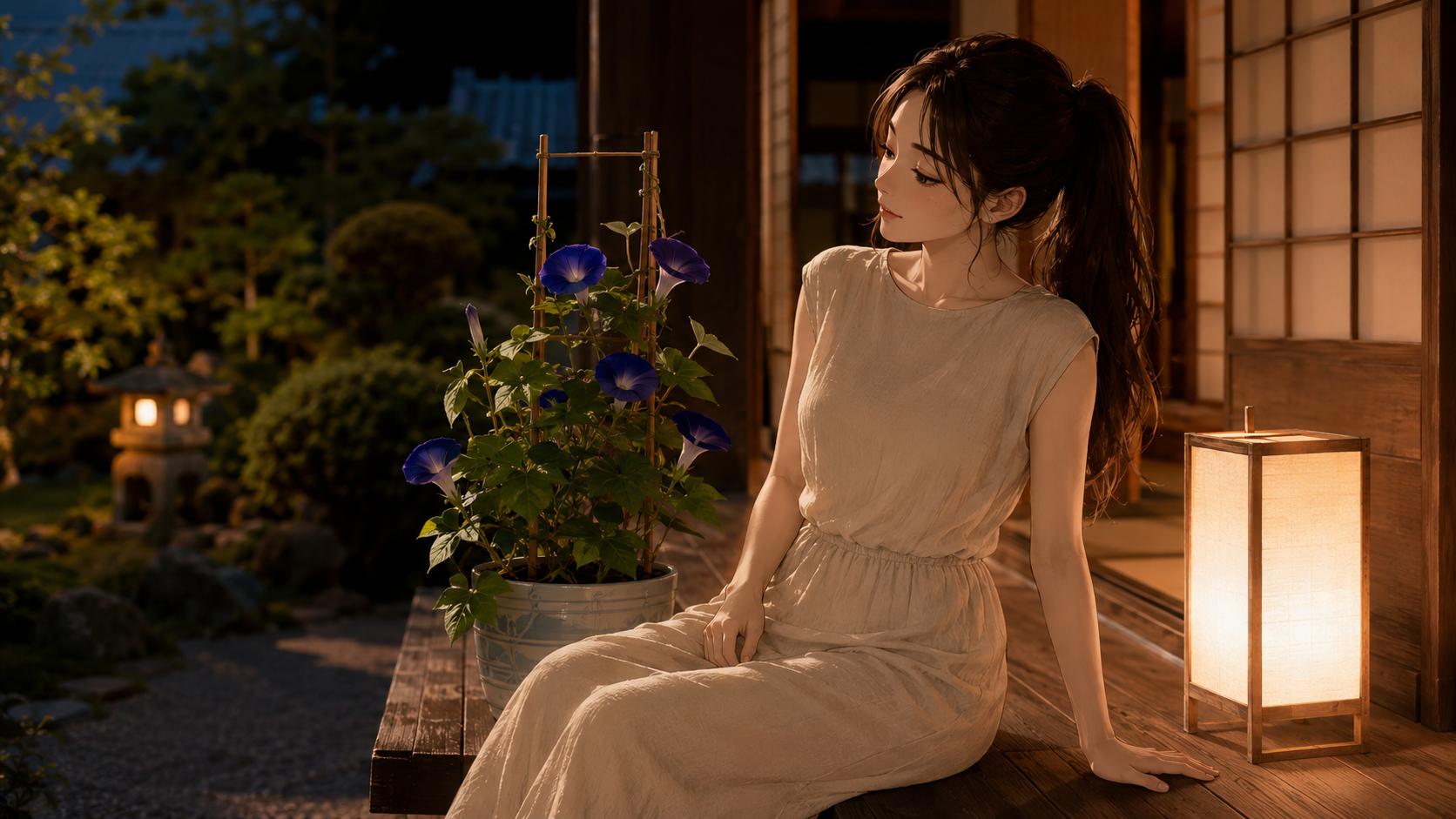 夜の縁側で、青い朝顔の鉢植えを優しく見つめて微笑む女性
