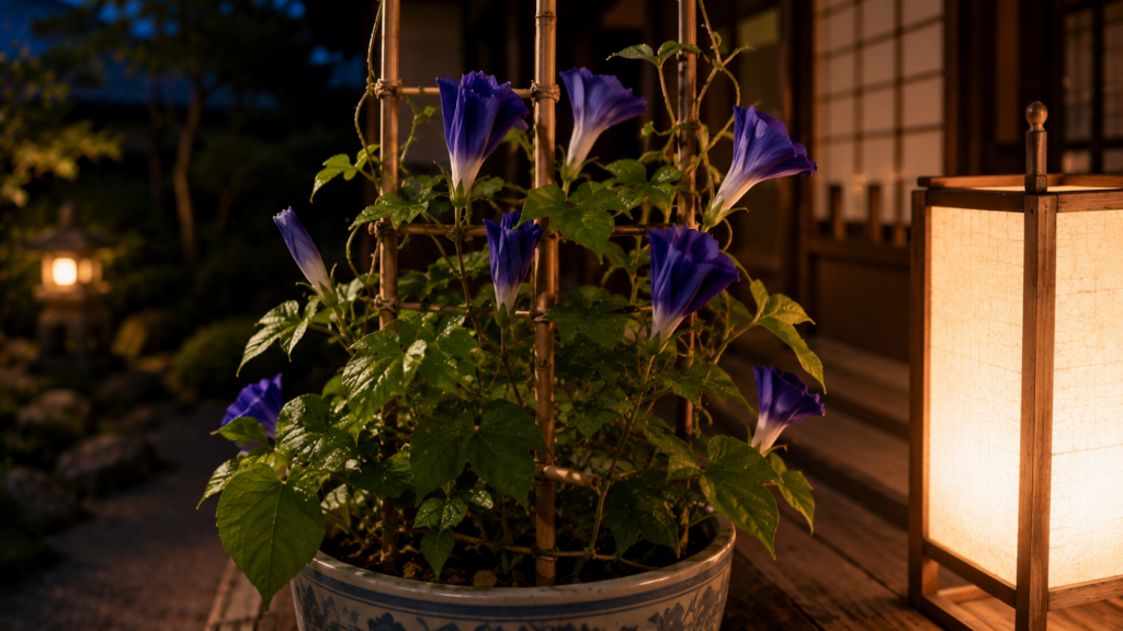 夜の縁側に置かれた、青い朝顔の鉢植えと竹の支柱のクローズアップ