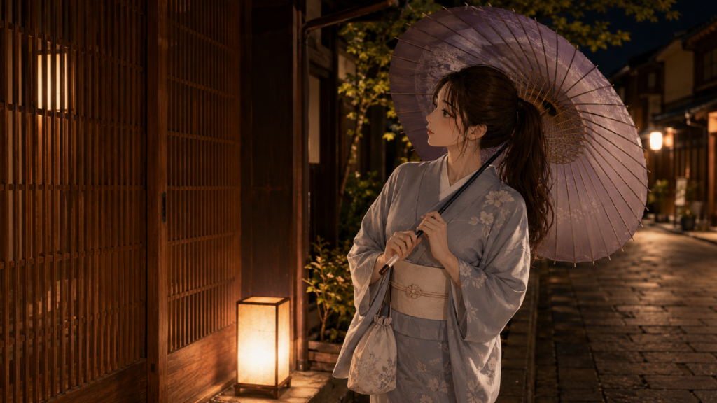 夜の金沢・ひがし茶屋街で、薄紫色の和傘を差して微笑む浴衣姿の女性