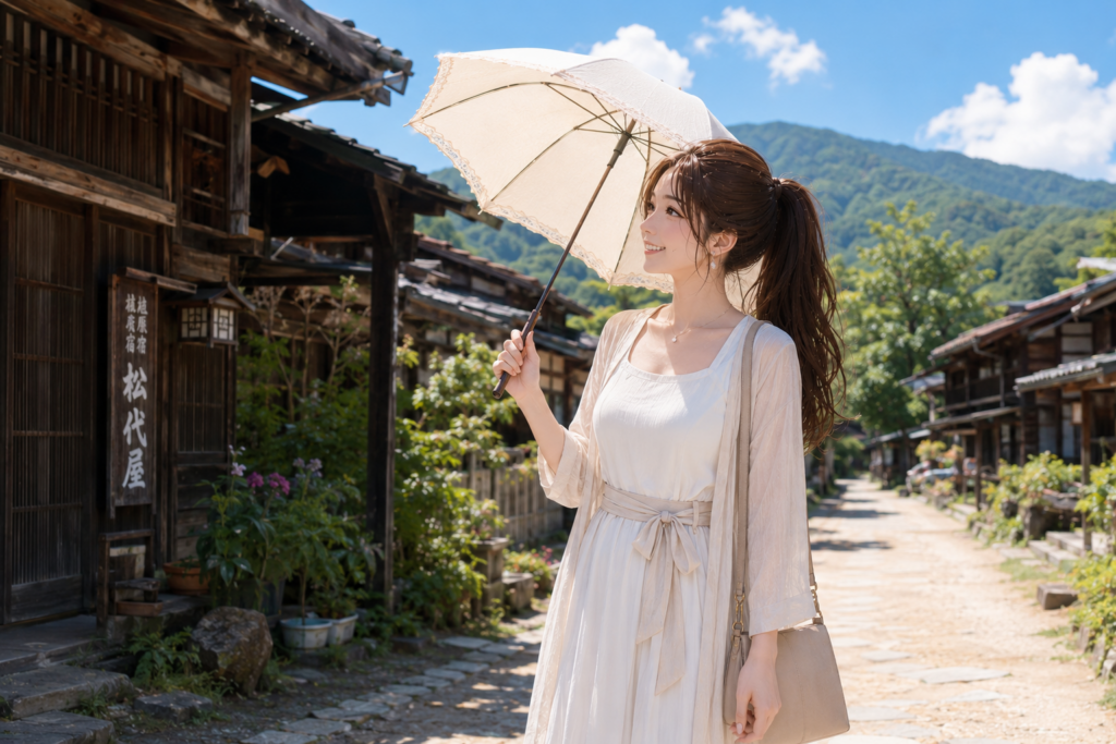 長野県・妻籠宿の古い町並みで、ベージュの日傘を差して微笑む女性