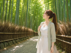 京都・嵯峨野の美しい竹林の小径で、木漏れ日を浴びて微笑む女性