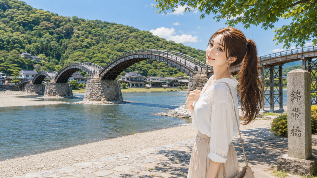 日本の魅力である錦帯橋の歴史的な美しい5連アーチを背景に微笑む女性