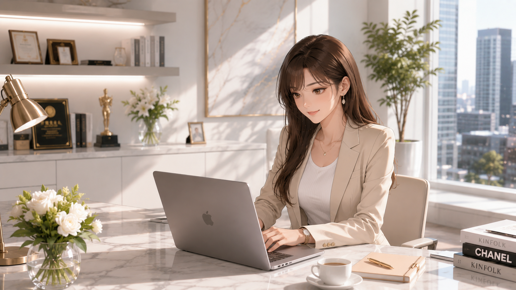 AI自動翻訳を使って海外ニュースをパソコンで確認するオフィスの女性