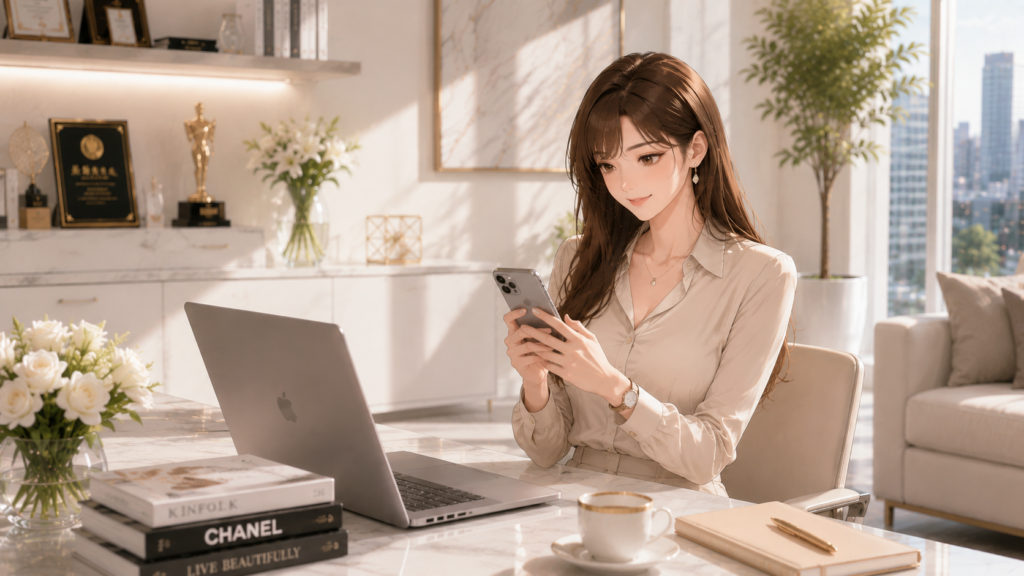 オフィスでスマートToDoアプリを使ってタスクを管理する女性