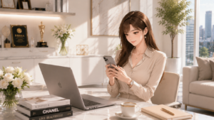 オフィスでスマートToDoアプリを使ってタスクを管理する女性
