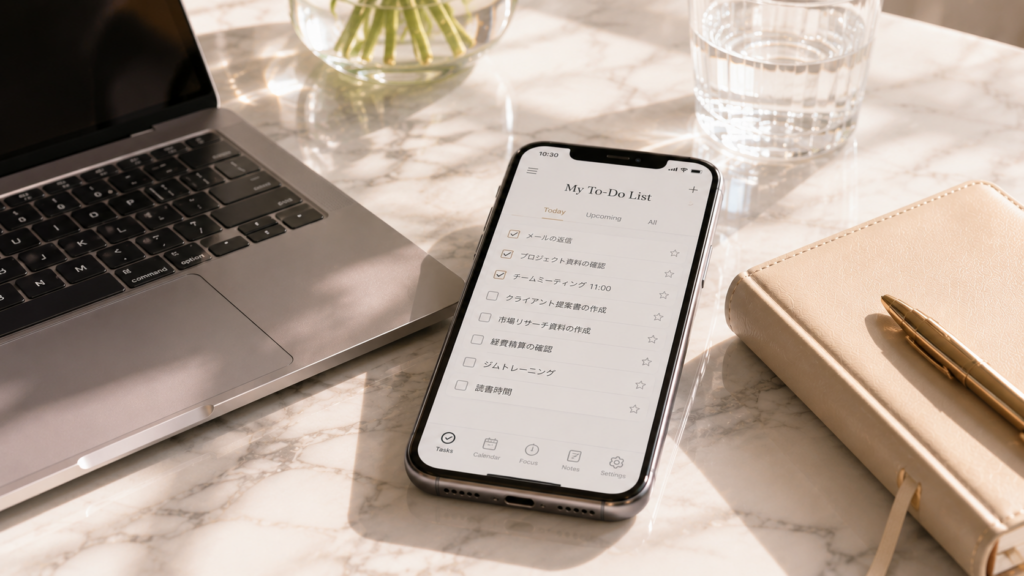デスクに置かれたパソコンとスマートToDo画面のスマートフォン