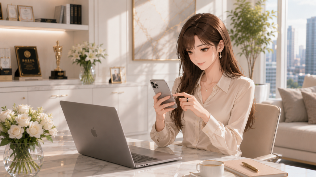 スマートリングとアプリで健康管理をするオフィスの女性