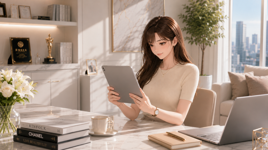 オフィスでAIマインドマップを見ながら思考を整理する経営者の女性