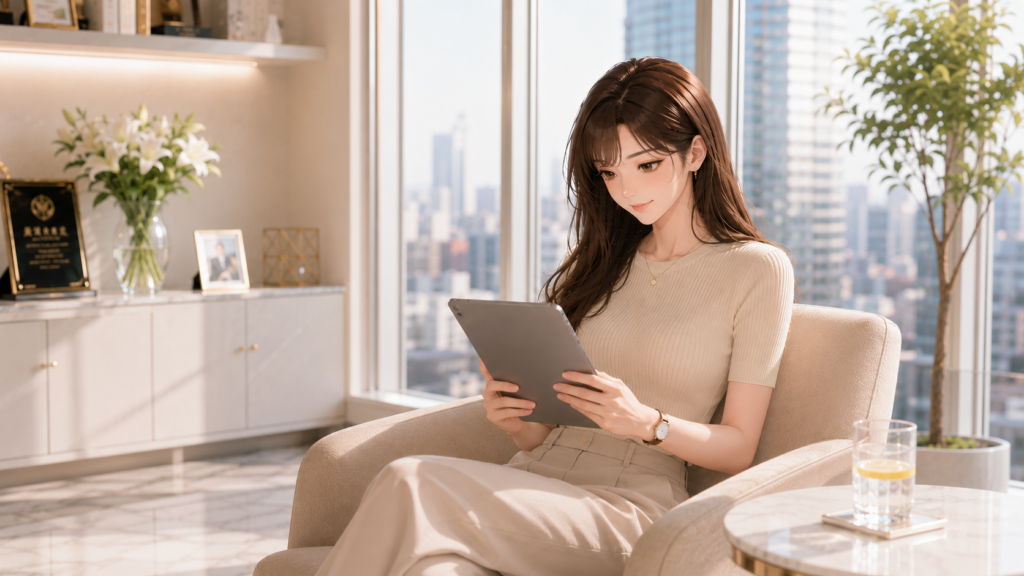 オフィスの窓辺のソファでタブレットを見ながら休憩する女性