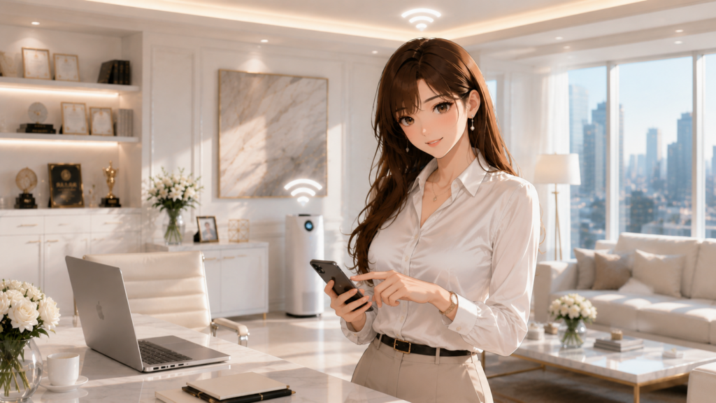 オフィスでスマート家電連携の自動化アプリを操作する女性経営者