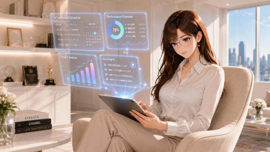 オフィスのラウンジでタブレットから浮かび上がるAIの自動リサーチ結果を見る女性
