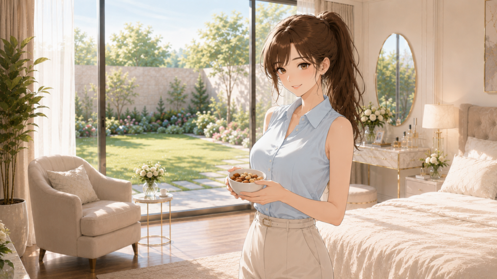 襟の詰まったライトブルーのブラウスを着て、窓辺でナッツの日 朝のヘルシーな間食を楽しむ、スレンダーで女性らしい日本人女性。Ruriの日記。